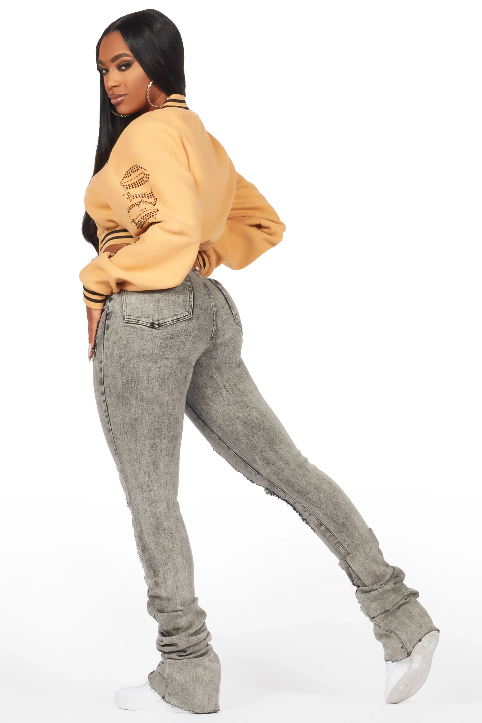 Gianni Tan Crop Rhinestone Varsity Jacket