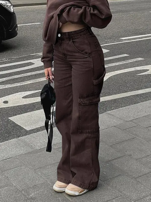 Women's High Waist Cargo Jeans with 6 Pockets, Wide Leg Baggy Denim Pants for Casual Street Style