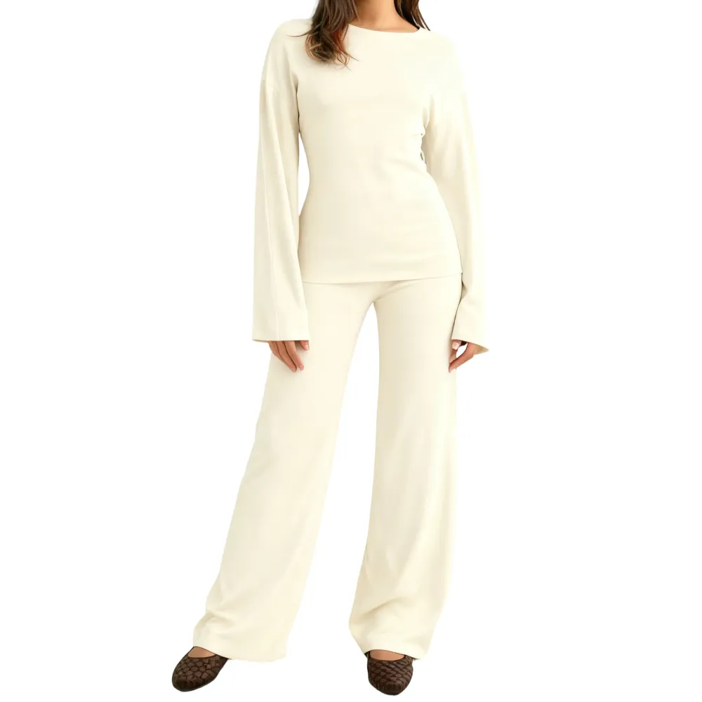 Women's Fall Round Neck Flare Top & Elastic-Waist Pants Set