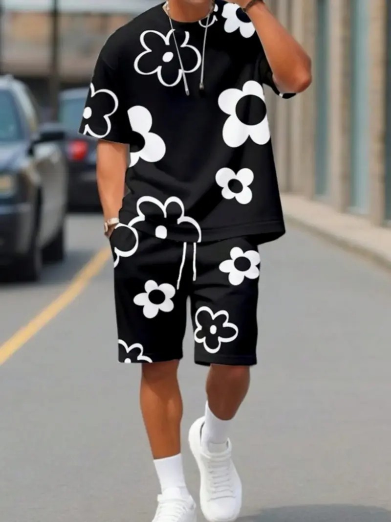 Men’s 3D Printed Fitted Short Sleeve & Shorts Summer Set