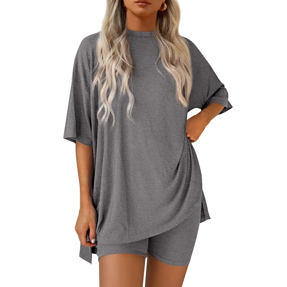 🔥Last Day Promotion ! Women Summer Casual Oversized Split Hem Shirts & Side Pocket Biker Shorts