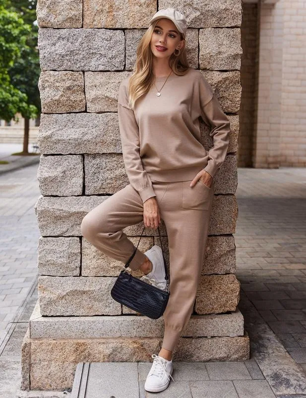 Women's Long Sleeve Knit Loungewear Set Jogger Pants Outfit