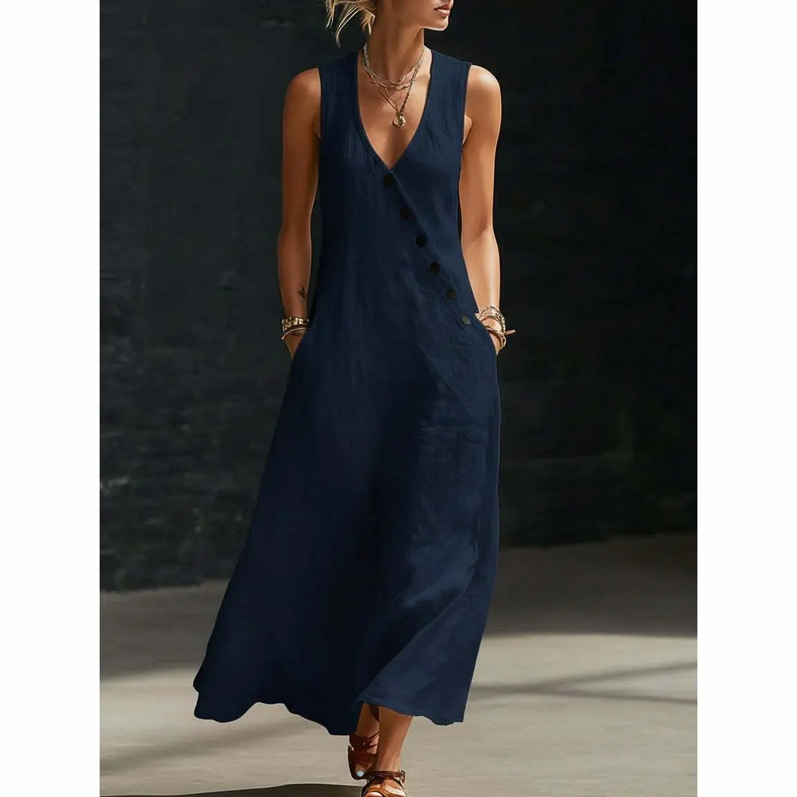 Women’s Sleeveless Linen Maxi Dress – V-Neck Button Detail with Pockets