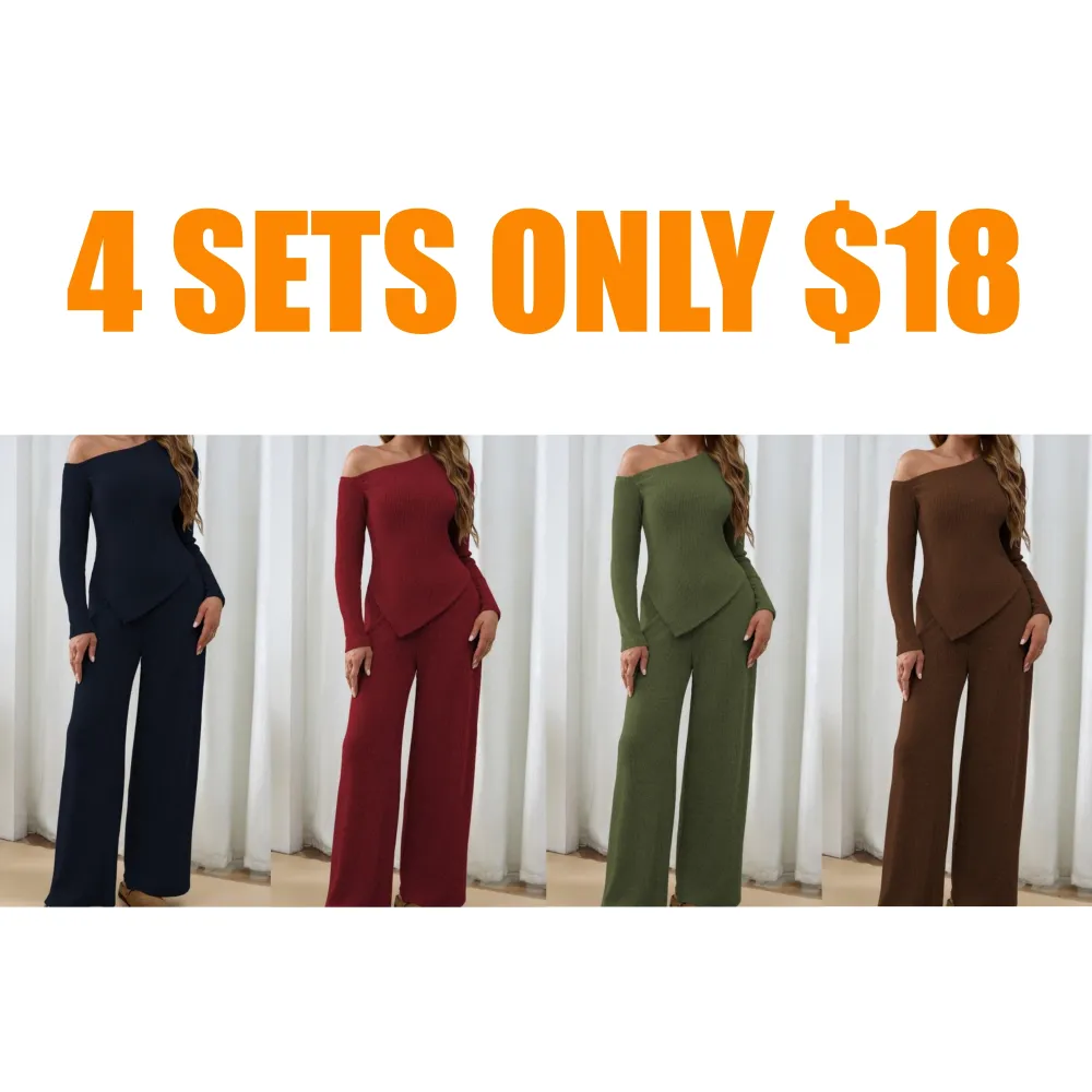Chic Sherpa Set for Women Asymmetric Shoulder Top & High Waist Wide Leg Pants