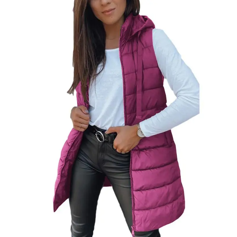 Women Long Vest Solid Color Sleeveless Hood Winter Puffer Vest Outwear
