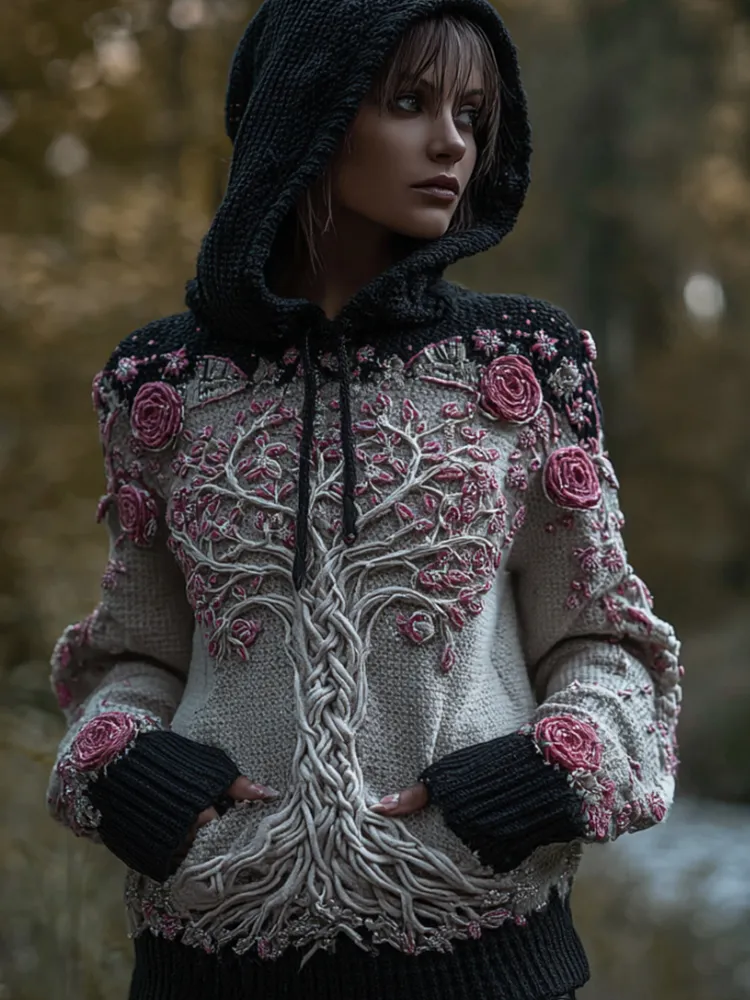 Women's Viking Style Tree Of Life Black And White Patchwork Mysterious Hooded Sweater