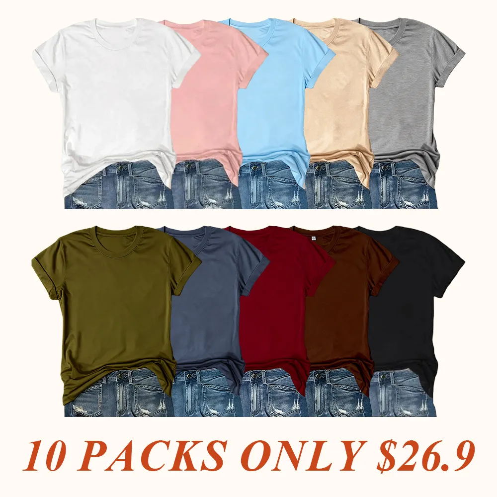 Women's Short Sleeve T-Shirts Multipack, Solid Color Round Neck Casual Tee Tops