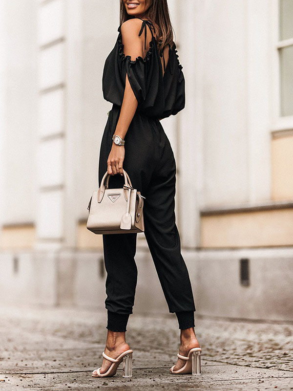 Elasticity Hollow Pleated Pockets Solid Color Tied Batwing Sleeves Loose V-Neck Jumpsuits