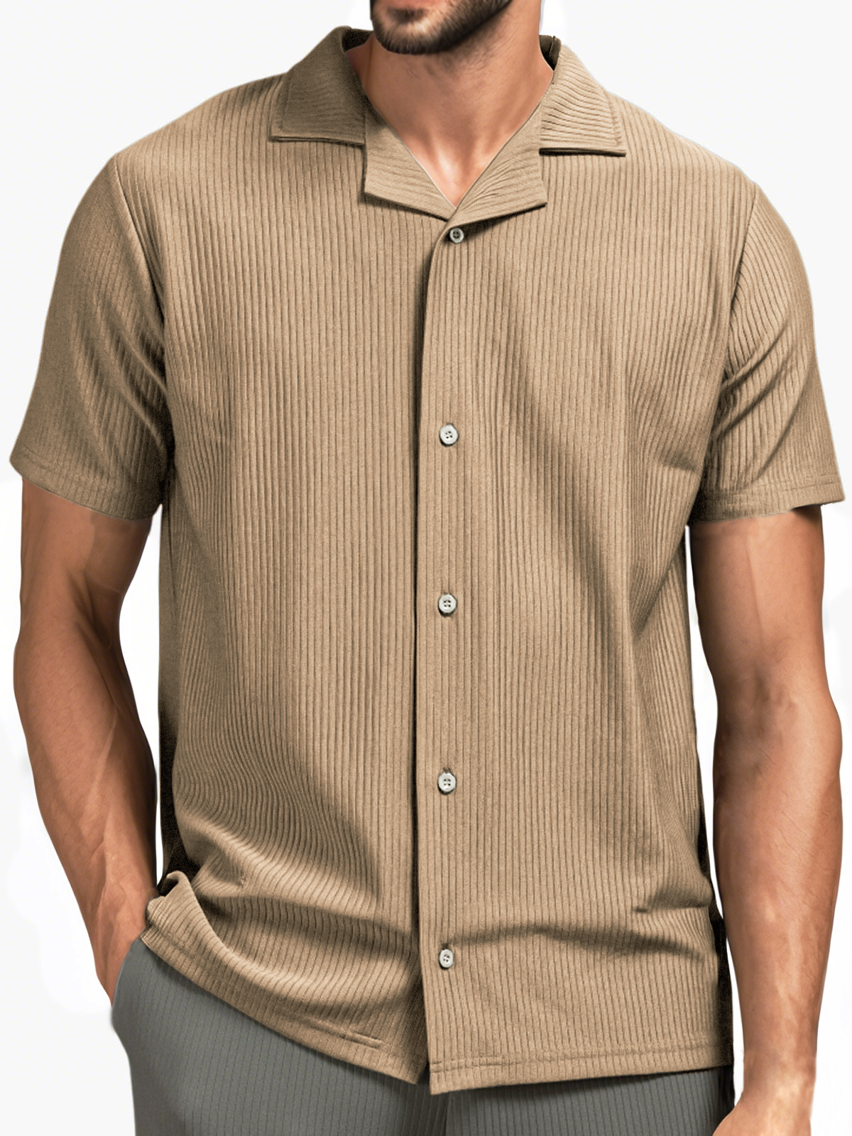 Men's Pit Stripe Pleated Cuban Collar Holiday Casual Button Short Sleeve Shirt