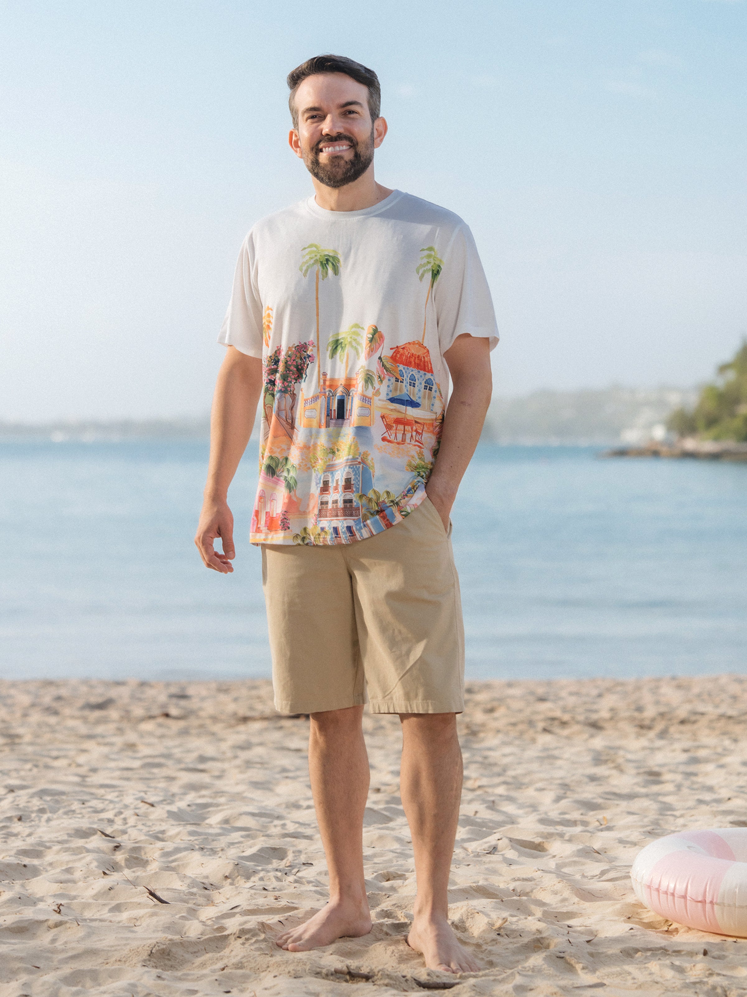 Family Matching Vacation Set Tropical Pineapple Coconut Tree Print Short-sleeve T-shirt or Hollow out Strap Dress for Summer Vacation  White