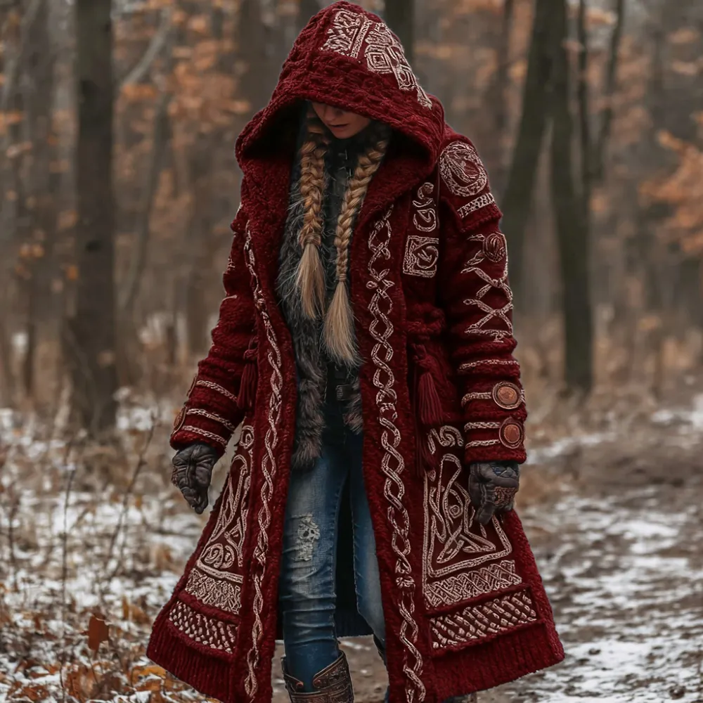 Women's Vintage Viking Celtic Knot Knit Long Sweater Jacket