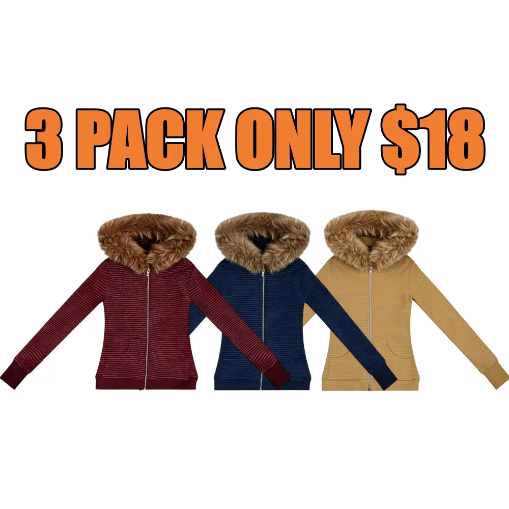 Women’s Striped Fur Collar Zip Hoodie