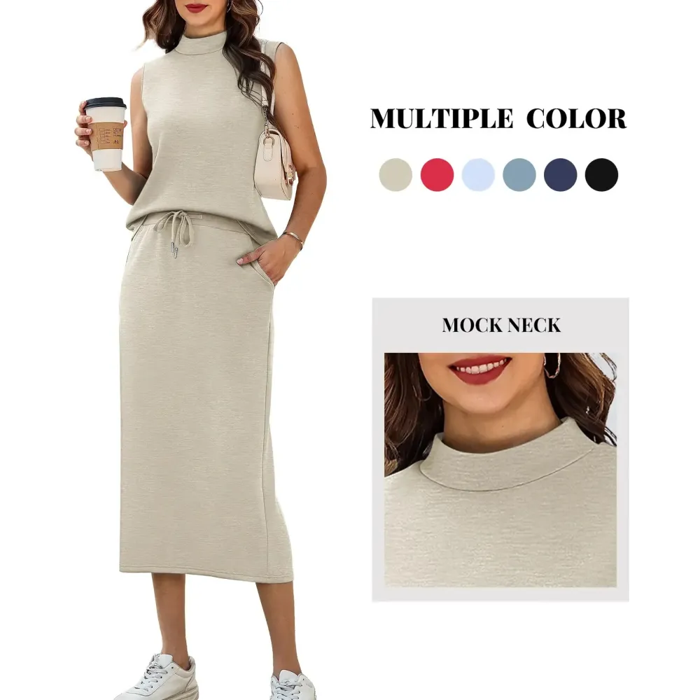Women's Two Piece Sets Summer Outfits Cap Sleeve Top Drawstring Midi Skirts