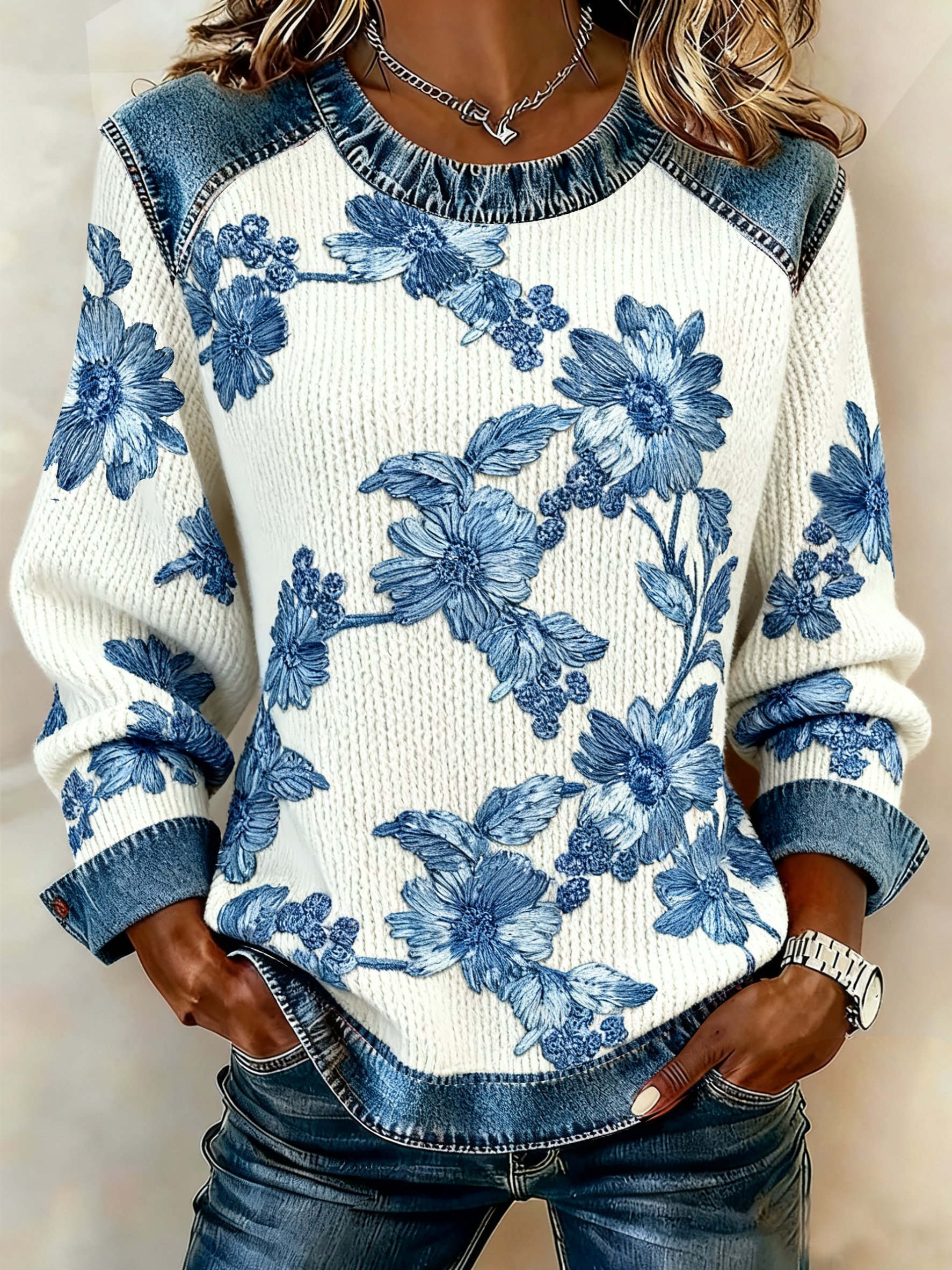 Women's elegant floral print round neck top for winter
