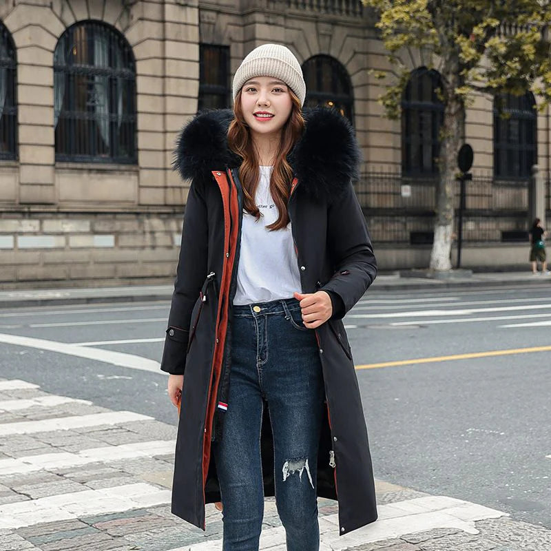 Women's winter parka with hood and fur collar