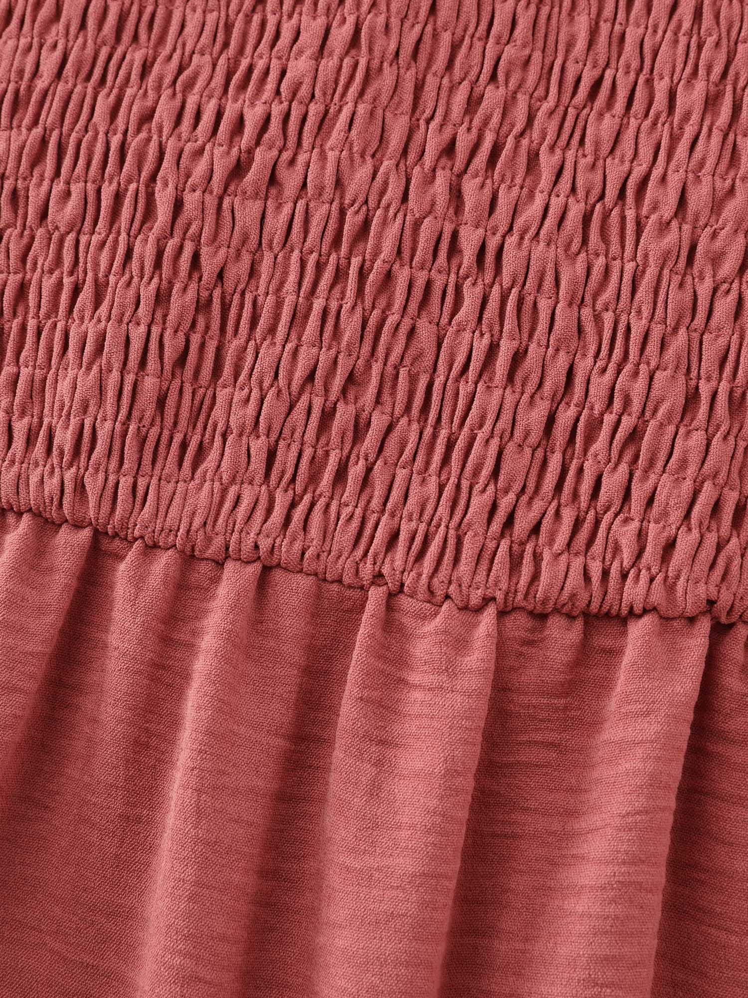 Ruffled Neckline Shirred Flowy Midi Dress