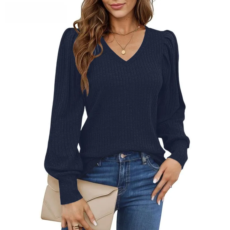 Women's Knit Shirt Soft Puff Long Sleeve Blouse Tops