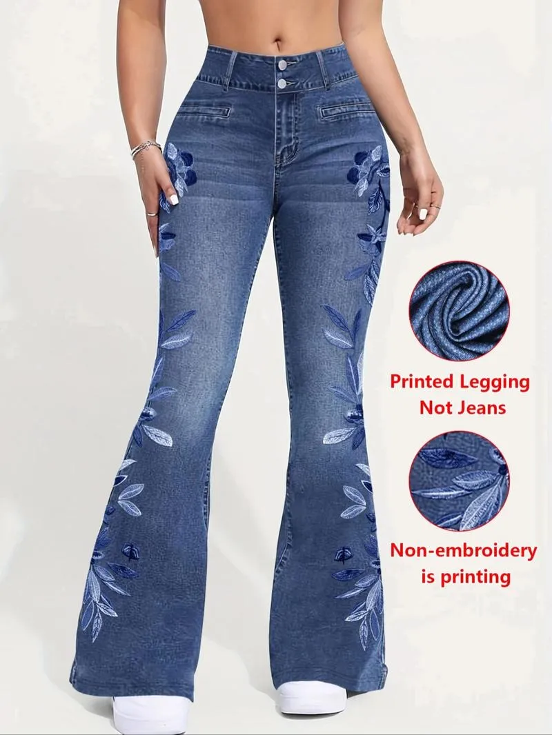Women's denim printed flared pants