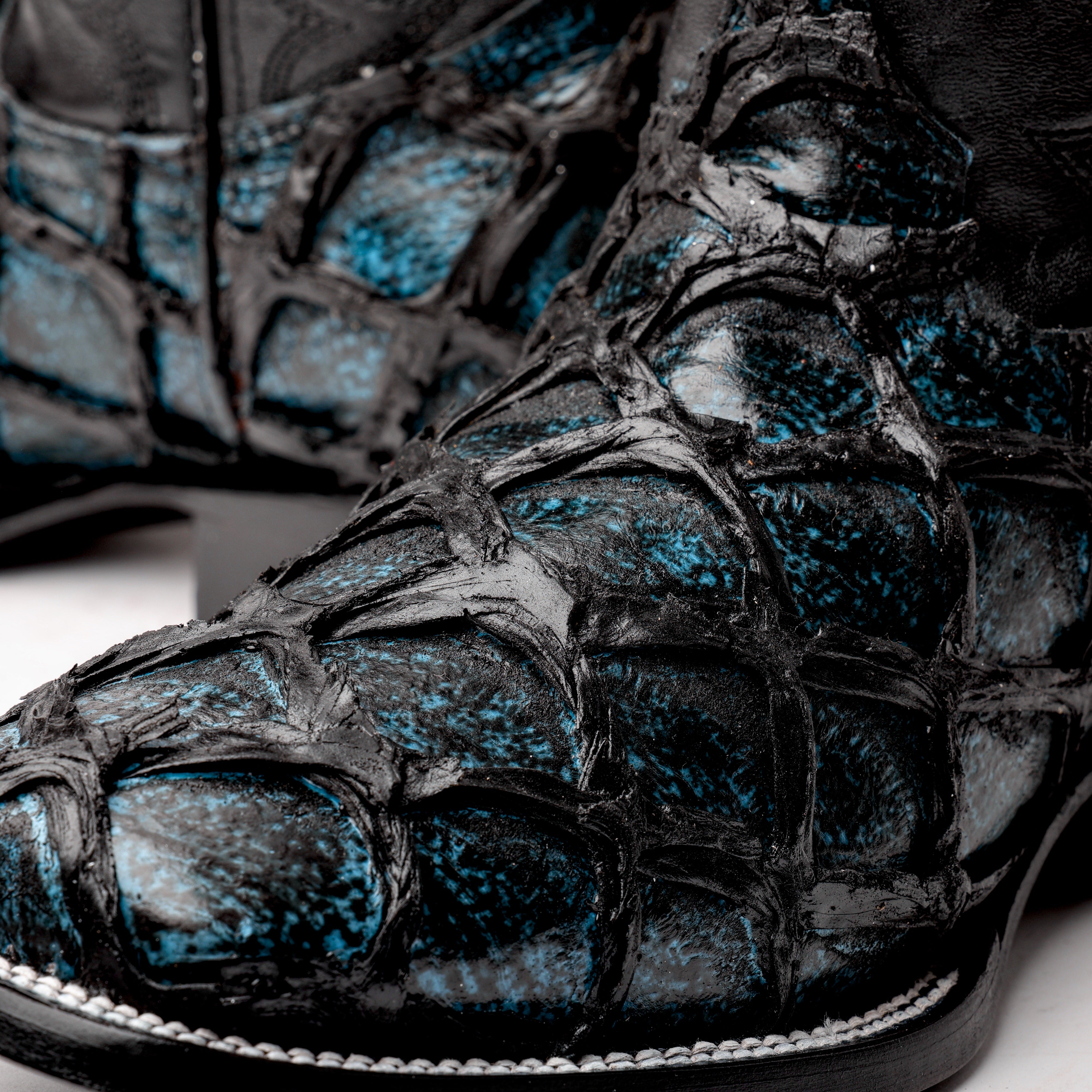 Midnight Blue Jumbo Pirarucu Leather Boots - Square Toe