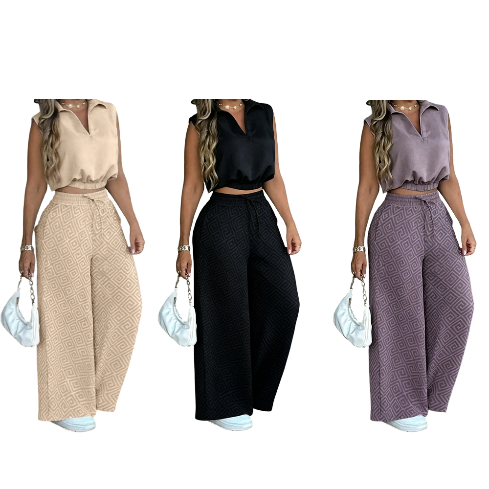 Women's Casual Commuter Set, Sleeveless Collared Waist-Defined Crop Top with High-Waisted Drawstring Wide-Leg Pants