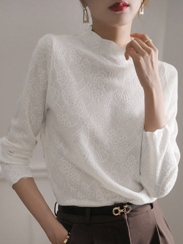 Hollow Jacquard Solid Color Long Sleeves T-Shirts Tops Knitwear