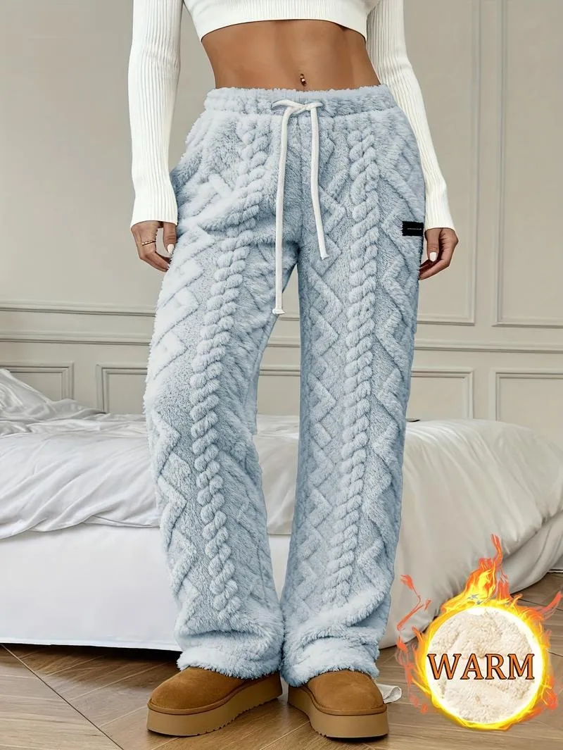 Women's Winter Lined Casual Pants - Jacquard Fabric & Drawstring Waist