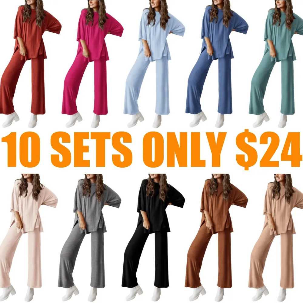 Women's Short Sleeve Pullover Tops Wide Leg Pants Lounge Sets