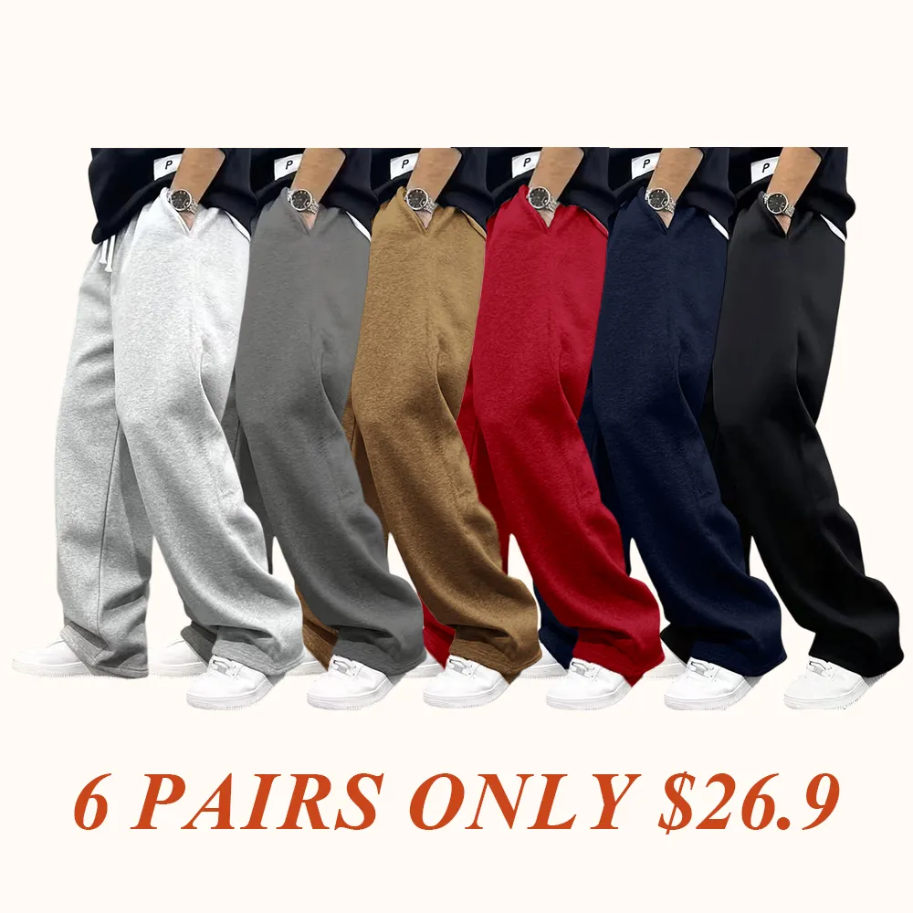 Men's Casual Fashionable Versatile Trendy New Plain Simple Drawstring Wide-Leg Long Pants
