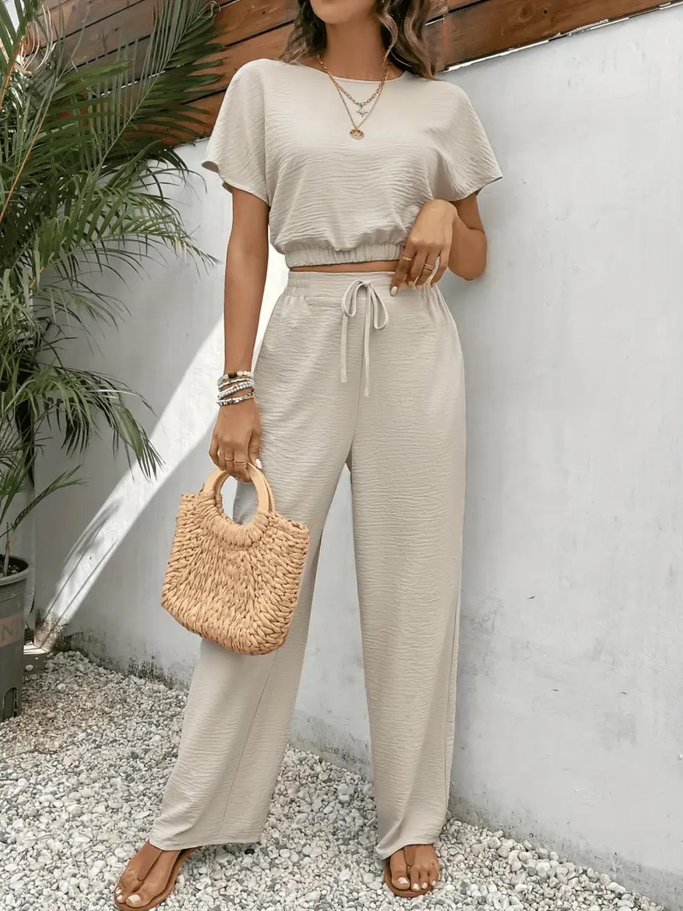 Women’s Casual Two-Piece Set – Fitted Top & Wide Leg Pants