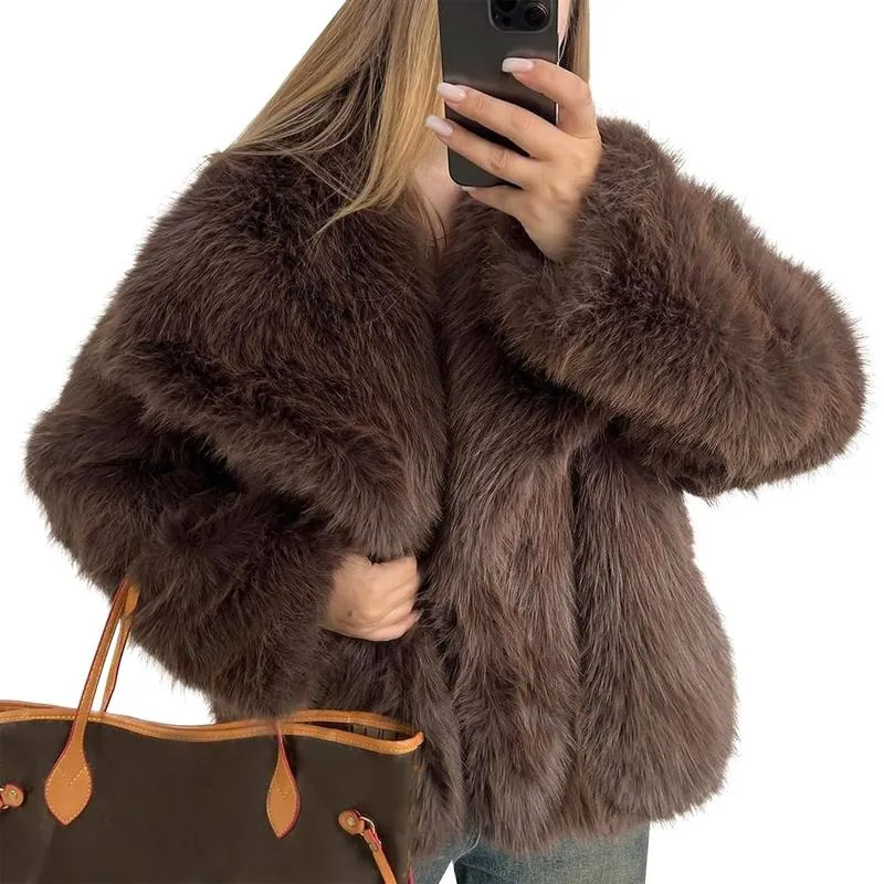 Women's Brown Faux Fur Coat Winter Fluffy Short Jacket