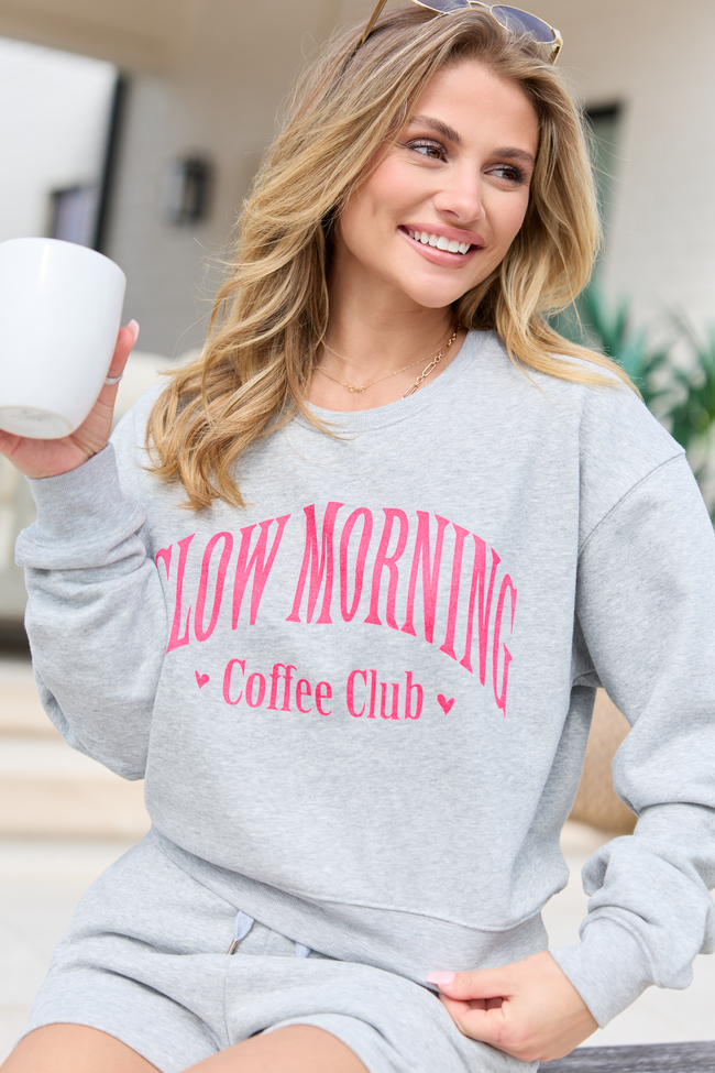Slow Morning Coffee Club Light Grey Cropped Graphic Sweatshirt