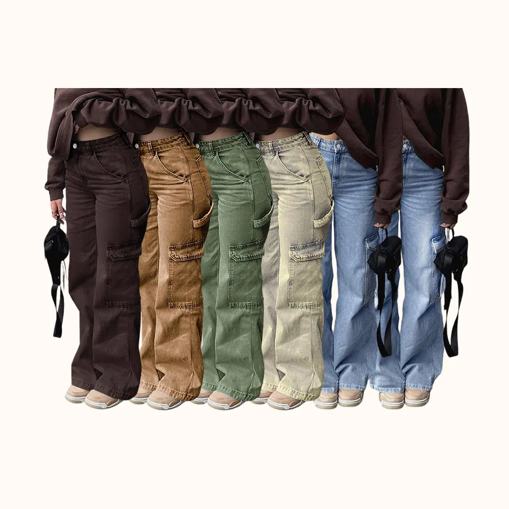 Women's High Waist Cargo Jeans with 6 Pockets, Wide Leg Baggy Denim Pants for Casual Street Style