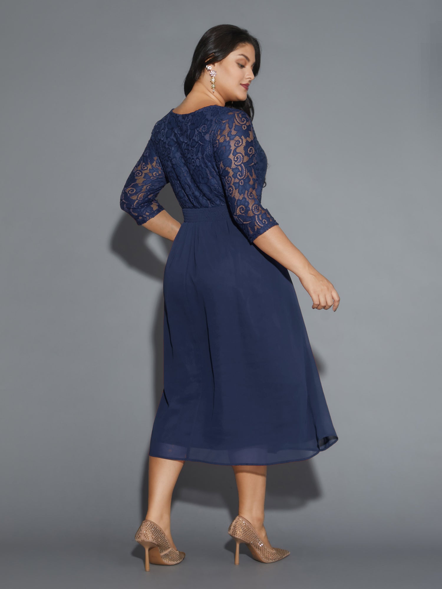 Lace Patchwork Shirred Midi Pocket Dress