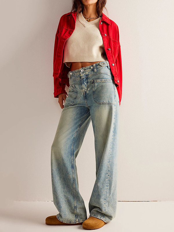 Casual Non-Stretch Washed Straight Wide-Leg Jeans Pants
