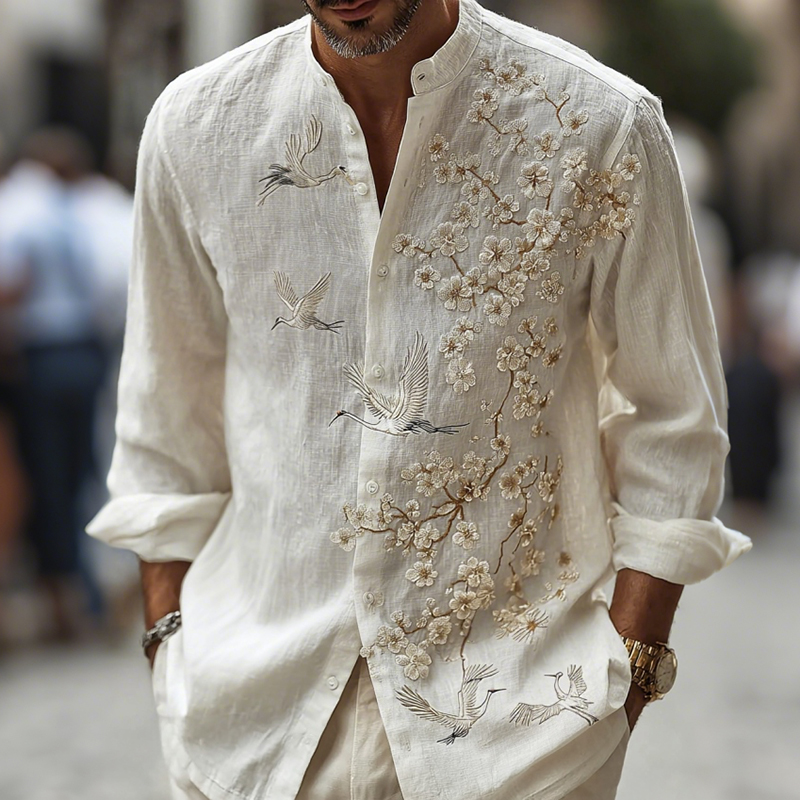 Men's Japanese-style Cherry Blossom With Crane Pattern Linen Blend Shirt