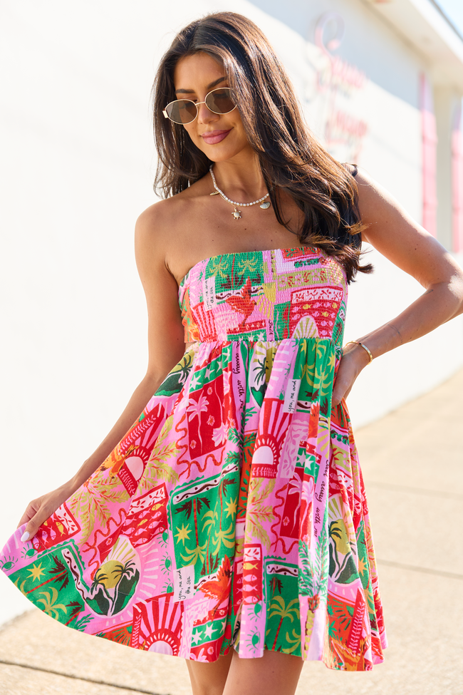 Calloway Multi Tropical Print Strapless Dress