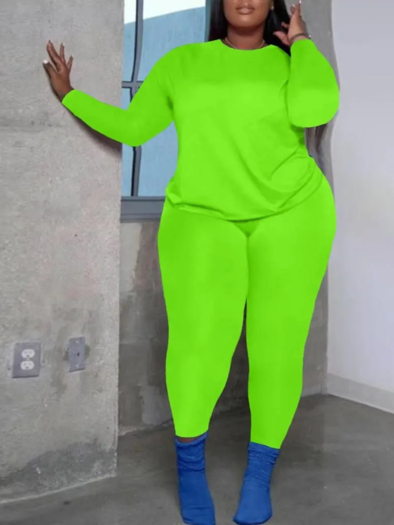 Women's Plus Size 2-Piece Set, Long-Sleeve Round-Neck Top & Pants, Casual Home Sportswear for Daily Wear