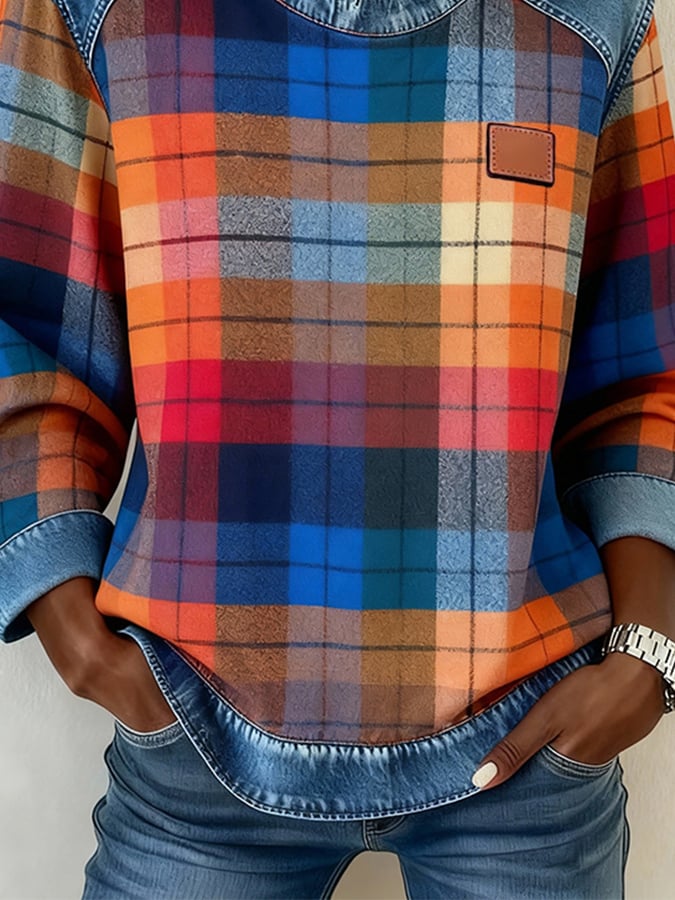 Women's Casual Crew Neck Plaid Patchwork Sweatshirt