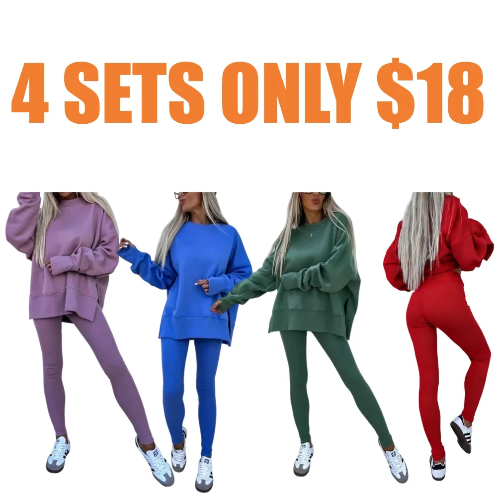 Women's Solid Long Sleeve Pullover & Leggings Sports Set