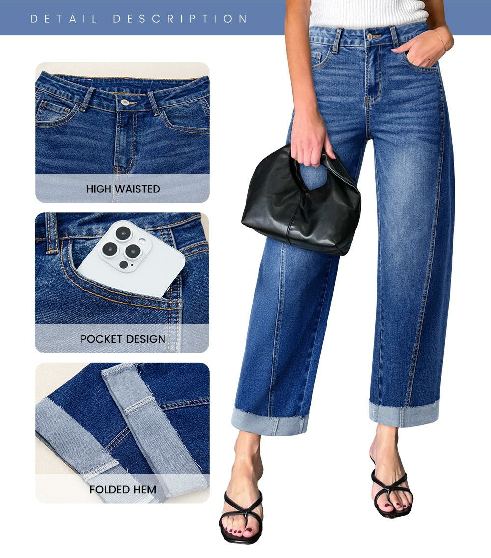 Women's High Waisted Wide Leg Cropped Jeans – Relaxed Fit Light Wash Denim with Rolled Cuffs