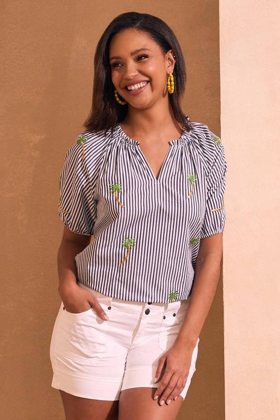 Stripe Embroidered Palm Tree Top