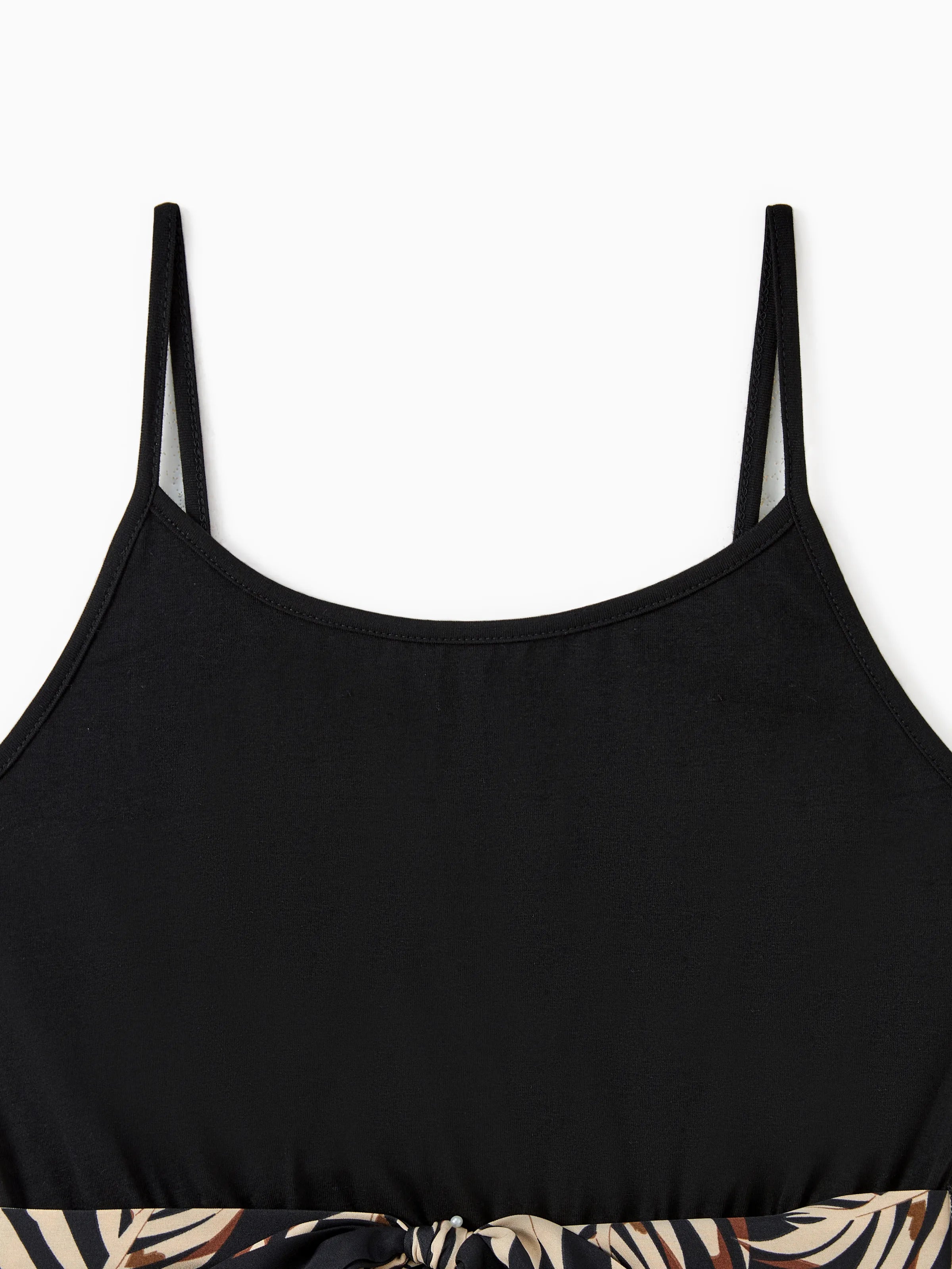 Mommy and Me Family Matching Floral Print Belted Cami Dresses And Solid Short Sleeve Tops Sets Black