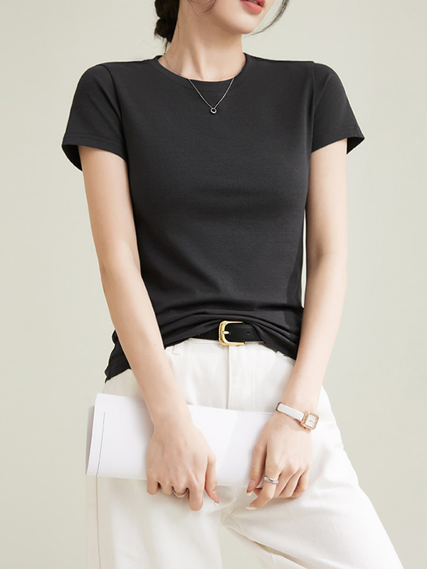 Solid Color Short Sleeves Skinny Round-Neck T-Shirts Tops