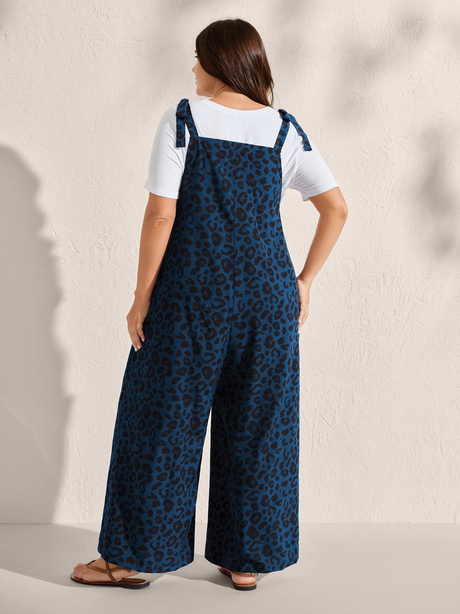 Leopard Print Pockets Shoulder Ties Jumpsuit