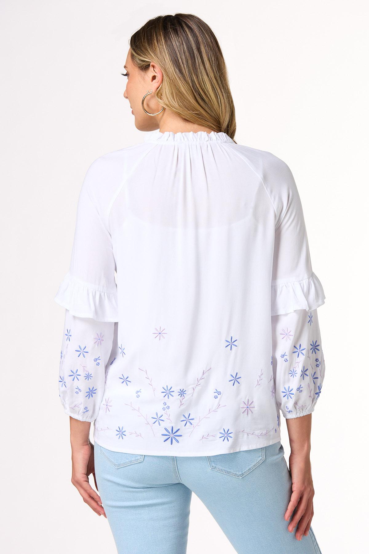 Ruffled Embroidered Balloon Sleeve Top