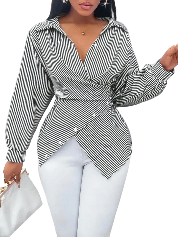 Women's Asymmetrical Striped Print Button-Up Shirt