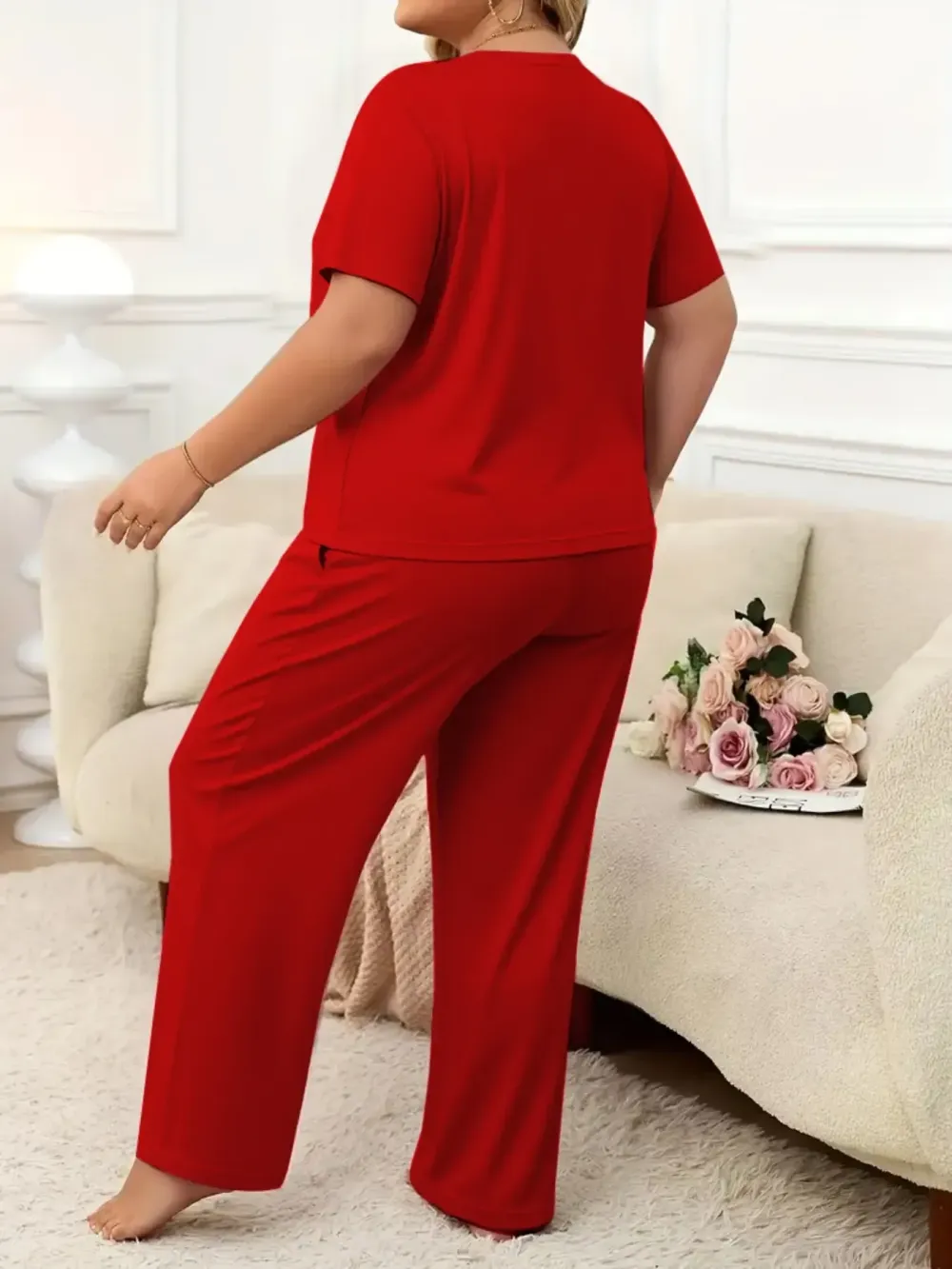 Women's Plus Size Spring Summer Fashion Print Round Neck Short Sleeve T-Shirt & Wide Leg Pants Two-Piece Set