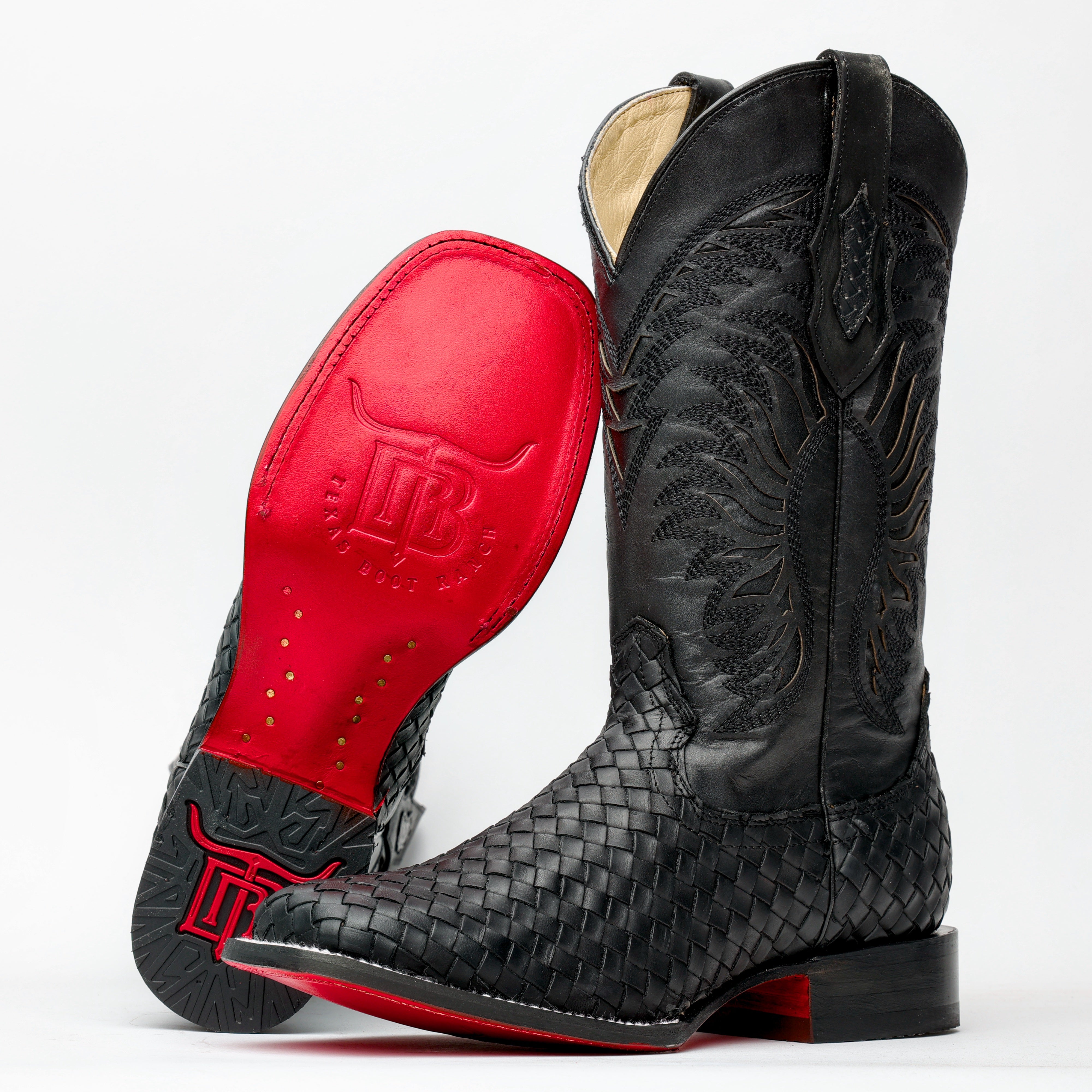 Black Basketweave Leather Boots - Square Toe