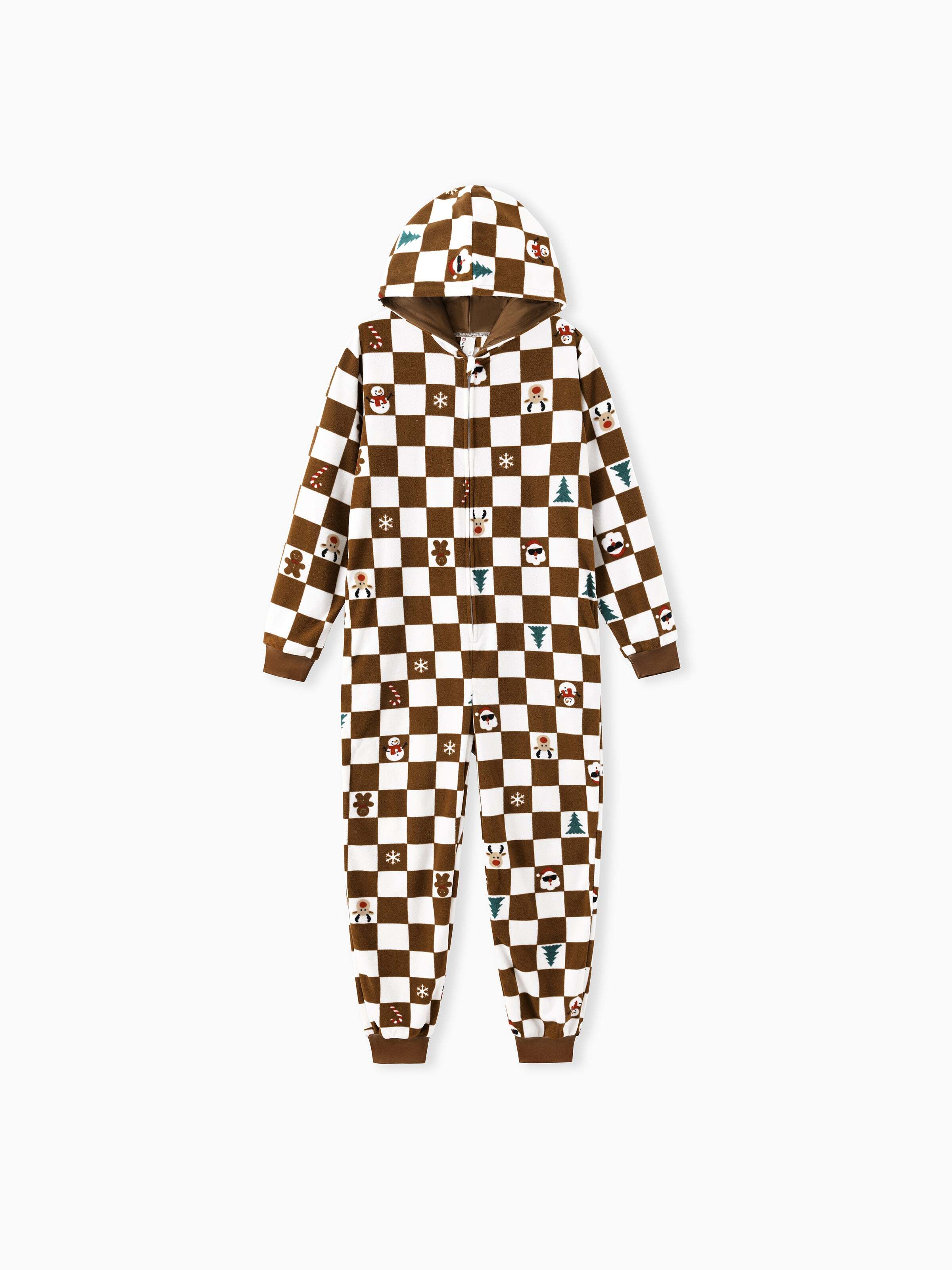 Christmas Onesies Matching Family Fleece Hoodie Pajamas Set Gingerbread Christmas-theme Plaid Print PJS with Christmas Socks Color block