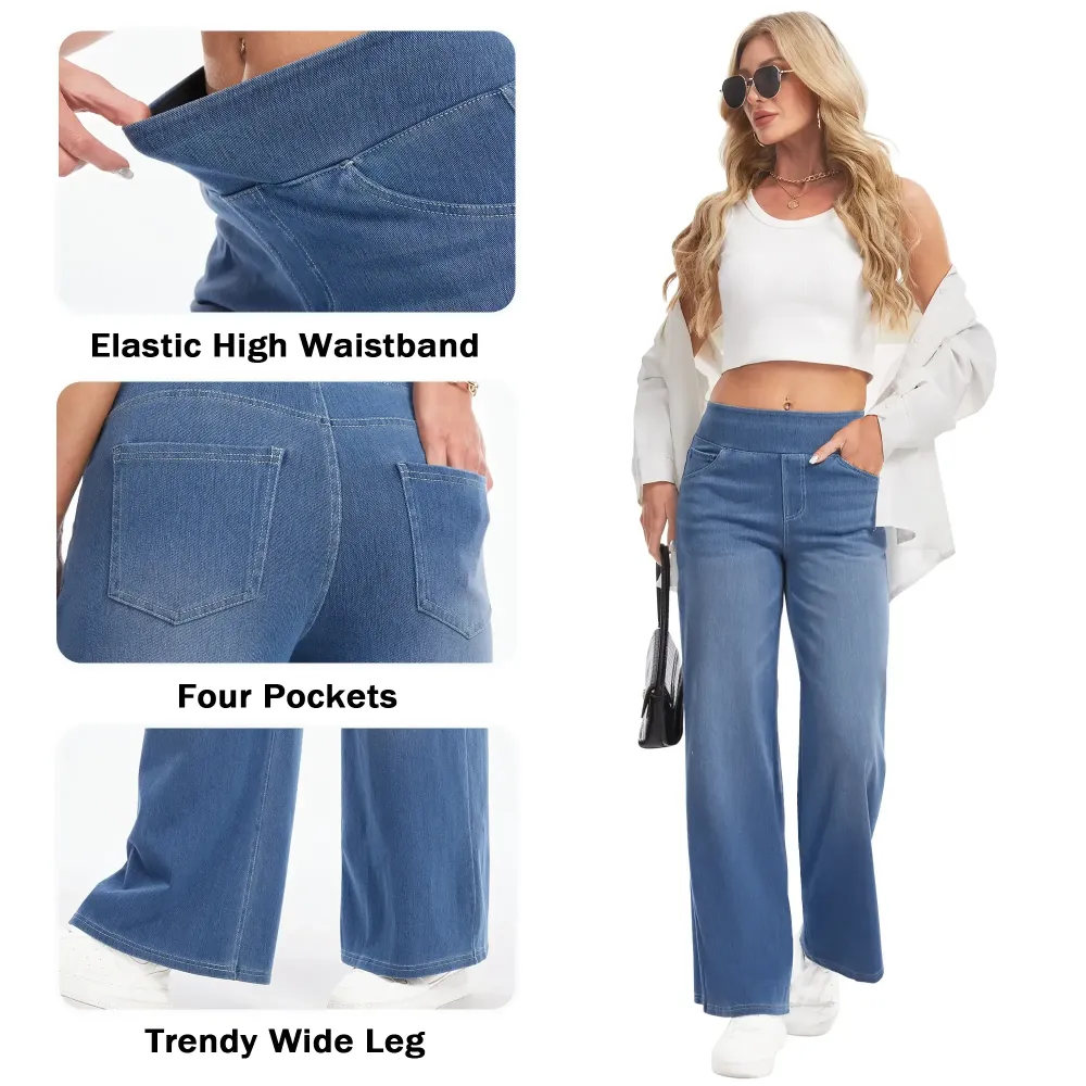 Wide Leg Stretchy Jeans for Women Loose Fit Elastic High Waist Pants